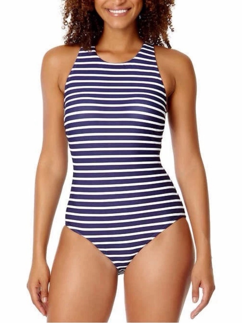 Lands' End Navy & White Striped High-Neck One-Piece